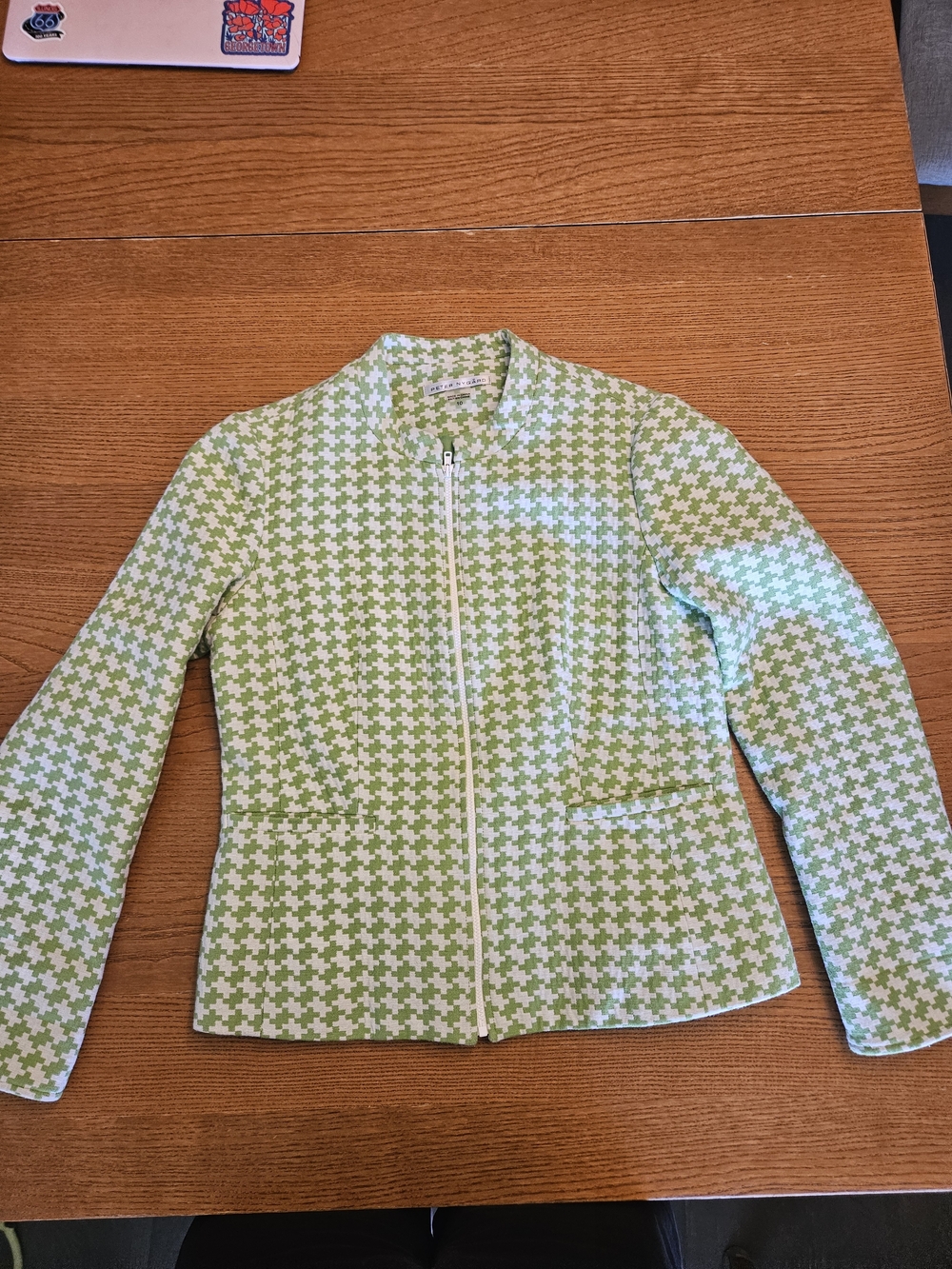 Peter Nygard Light Green Houndstooth Zip-Front Blazer Jacket
